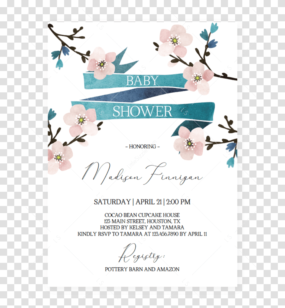 Floral Baby Shower Invitation Cherry Blossom By Littlesizzle Paper, Flyer, Poster, Advertisement, Brochure Transparent Png