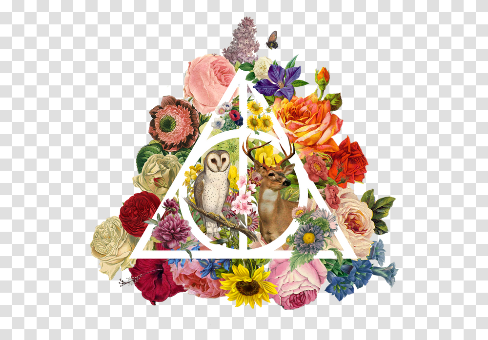 Floral Deathly Hallows Owl And Stag Floral Deathly Hallows Symbol With Flowers, Plant, Graphics, Art, Bird Transparent Png