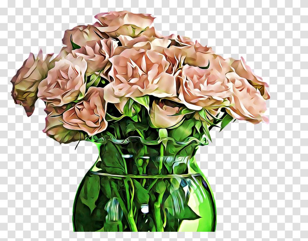 Flower Bouquet Plant Pink Green Drawing Roses In A Vase, Blossom, Flower Arrangement, Carnation Transparent Png