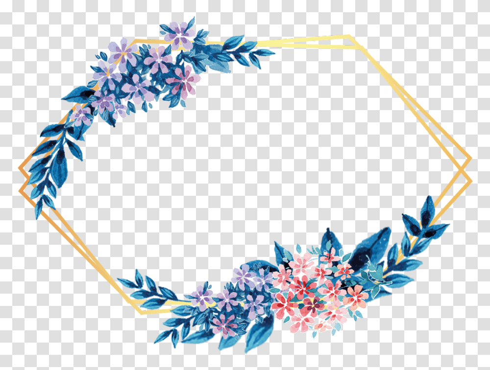 Flower Frame Gold Glitter Geometric Colorful Blue Watercolor Floral Border, Floral Design, Pattern Transparent Png
