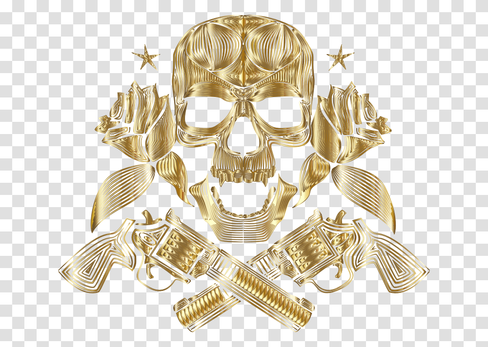 Flowers And Firearms Skull Line Art Gold No Bg Emblem, Logo, Bronze, Machine Transparent Png