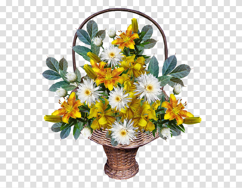 Flowers Basket Arrangement Yellow Leaves Lilies Bouquet, Plant, Blossom, Flower Bouquet, Flower Arrangement Transparent Png