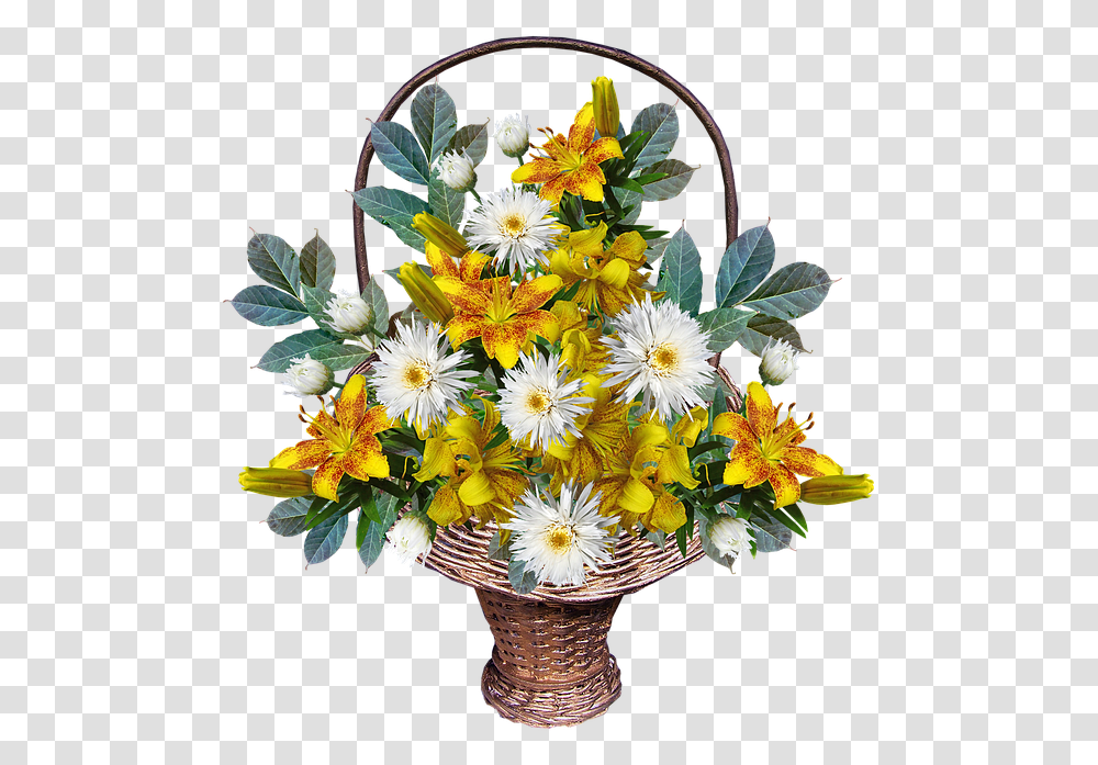 Flowers Basket Arrangement Yellow Leaves Lilies Flower Basket, Plant, Blossom, Flower Arrangement, Flower Bouquet Transparent Png