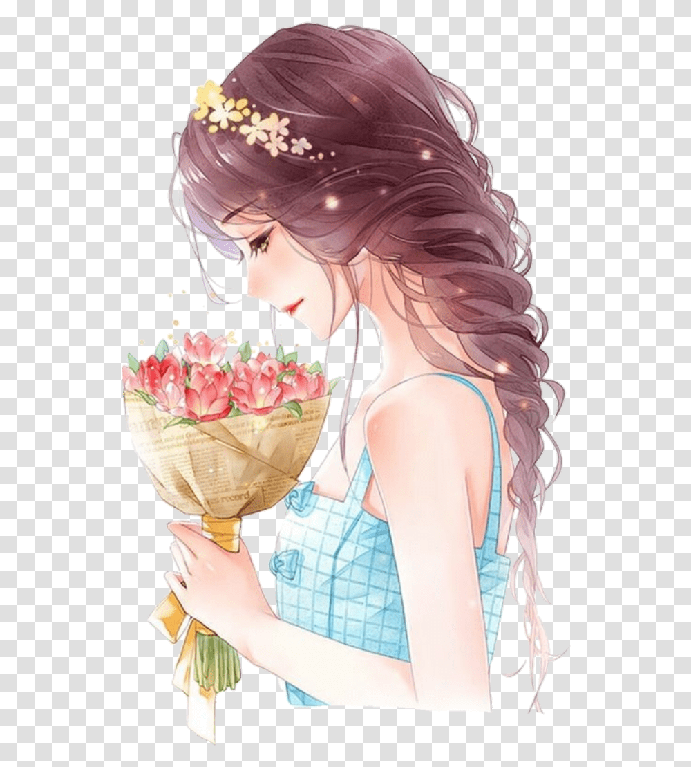 Flowers Girl Model Doll Anime Happy Single Girl Cartoon, Plant, Blossom, Person, Human Transparent Png