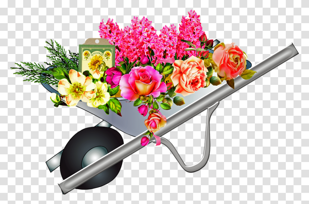 Flowers In Wheel Barrel Shabby Chic Roses Gardening Brouette De Fleurs, Floral Design, Pattern Transparent Png