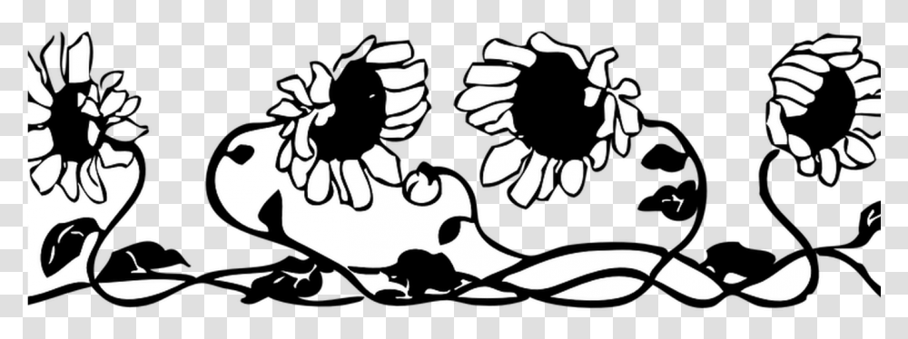 Flowers Line Cliparts Black And White Sunflower Wall Borders, Stencil, Silhouette Transparent Png