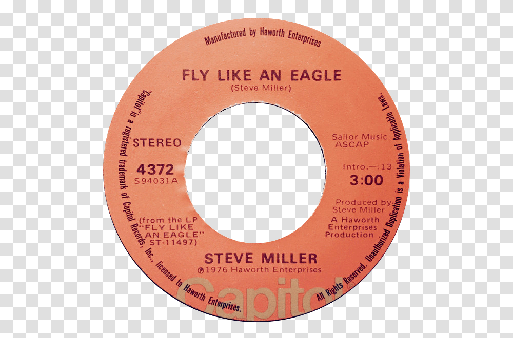 Fly Like An Eagle By Steve Miller Us Vinyl A Side Brand Design, Label, Tape, Number Transparent Png