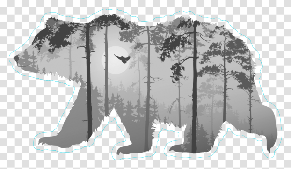 Forest With A Flying Owl In Bear Silhouette Sticker Grizzly Bear Silhouette, Vegetation, Plant, Nature, Outdoors Transparent Png