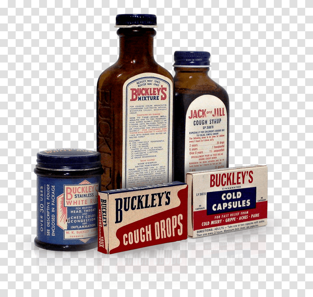 Four Original Bottles Of Buckley S Syrup Chewing Gum, First Aid, Bandage Transparent Png