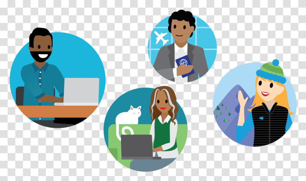 Four People In Four Different Environments Cartoon, Person, Crowd, Computer, Electronics Transparent Png