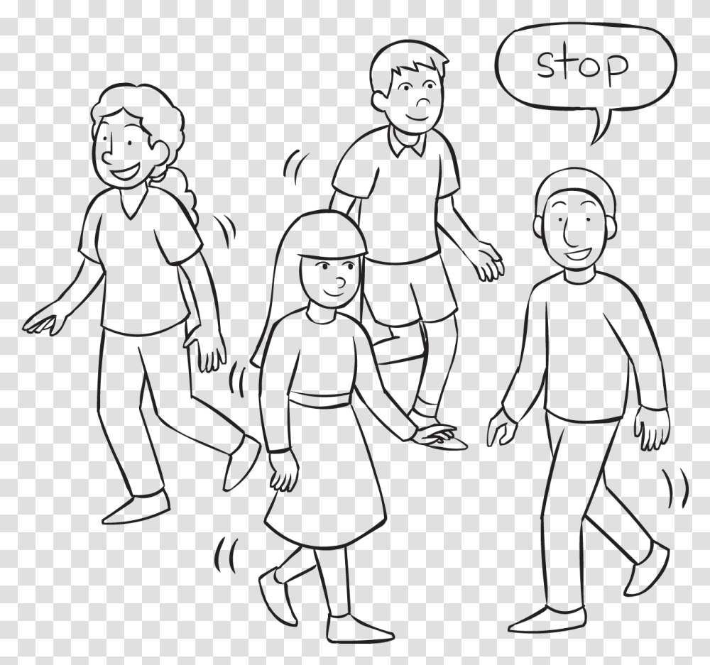 Four People Moving About An Area With One Person Saying Walk And Stop Game, Sport, Team Sport, Hand, Shorts Transparent Png