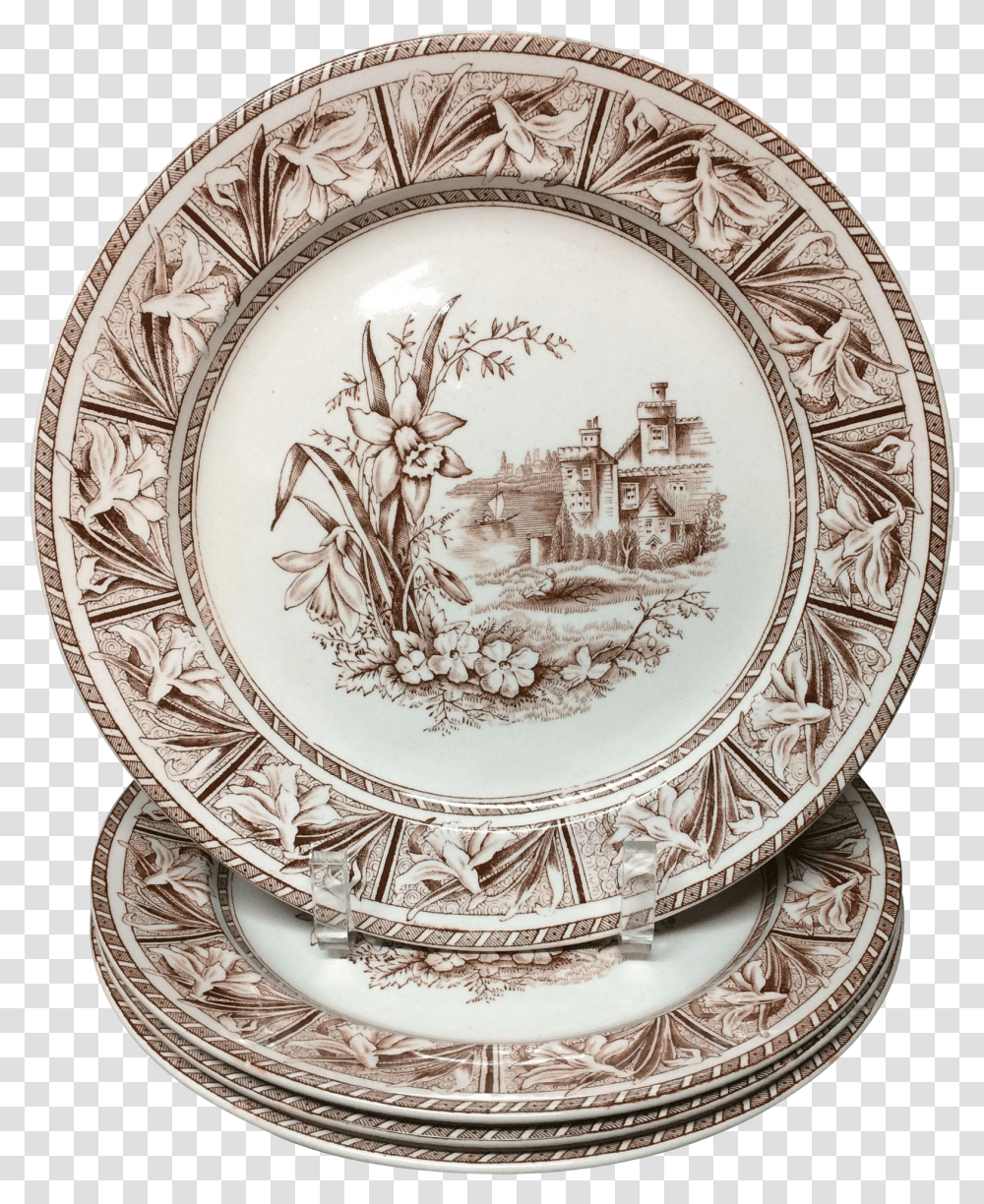 Four Victorian Brown Transfer Printed English Plate Transparent Png