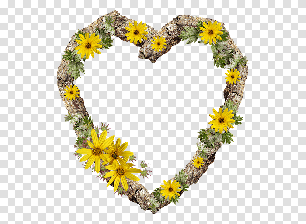 Frame Border Rustic Heart Daisy Flower Yellow Frame Heart, Plant, Blossom, Wreath, Sunflower Transparent Png