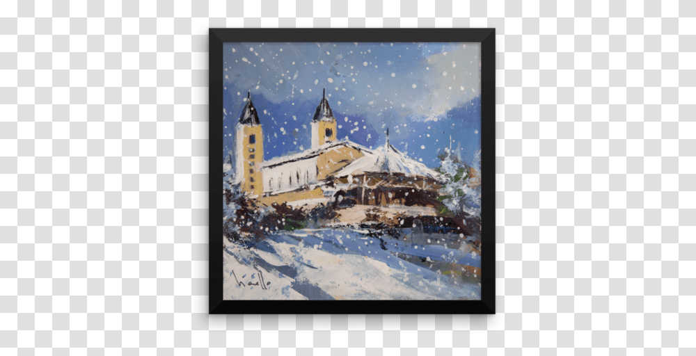 Framed Snowy Medjugorje Scene Poster Medjugorje Christmas Cards, Spire, Tower, Architecture, Building Transparent Png
