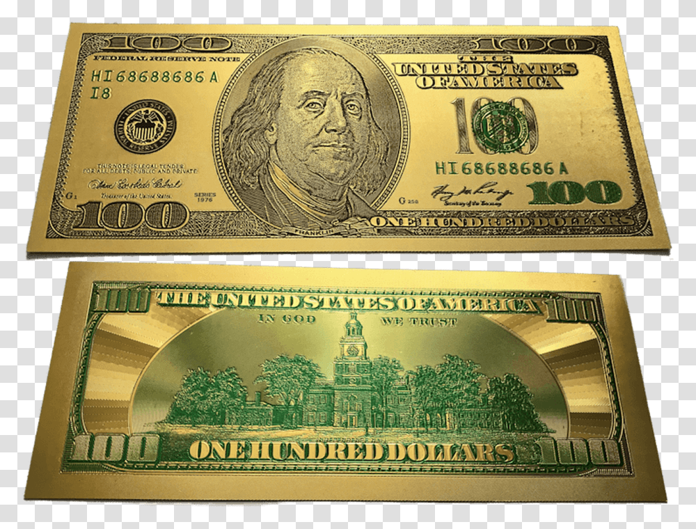 Franklin Colorized Gold Foil Polymer Replica Banknote 100 Dollar Bill, Money, Book, Person, Human Transparent Png
