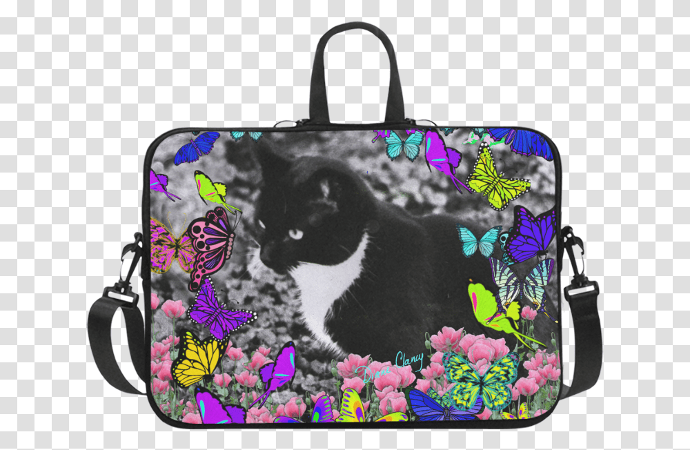 Freckles In Butterflies Ii Black White Tuxedo Cat Laptop Laptop, Pet, Mammal, Animal, Bag Transparent Png
