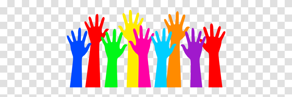 Free Clip Art Of A Group Of Colorful Hands Raised In The Air, Light, Purple, Wrist Transparent Png