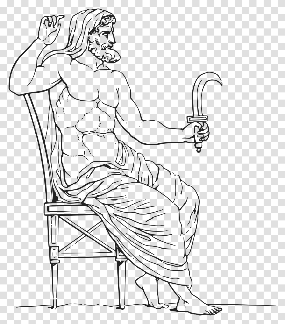 Free Clipart Of A Black And White Greek Mythology God Greek Mythology Cronus, Painting, Chair, Furniture, Kneeling Transparent Png