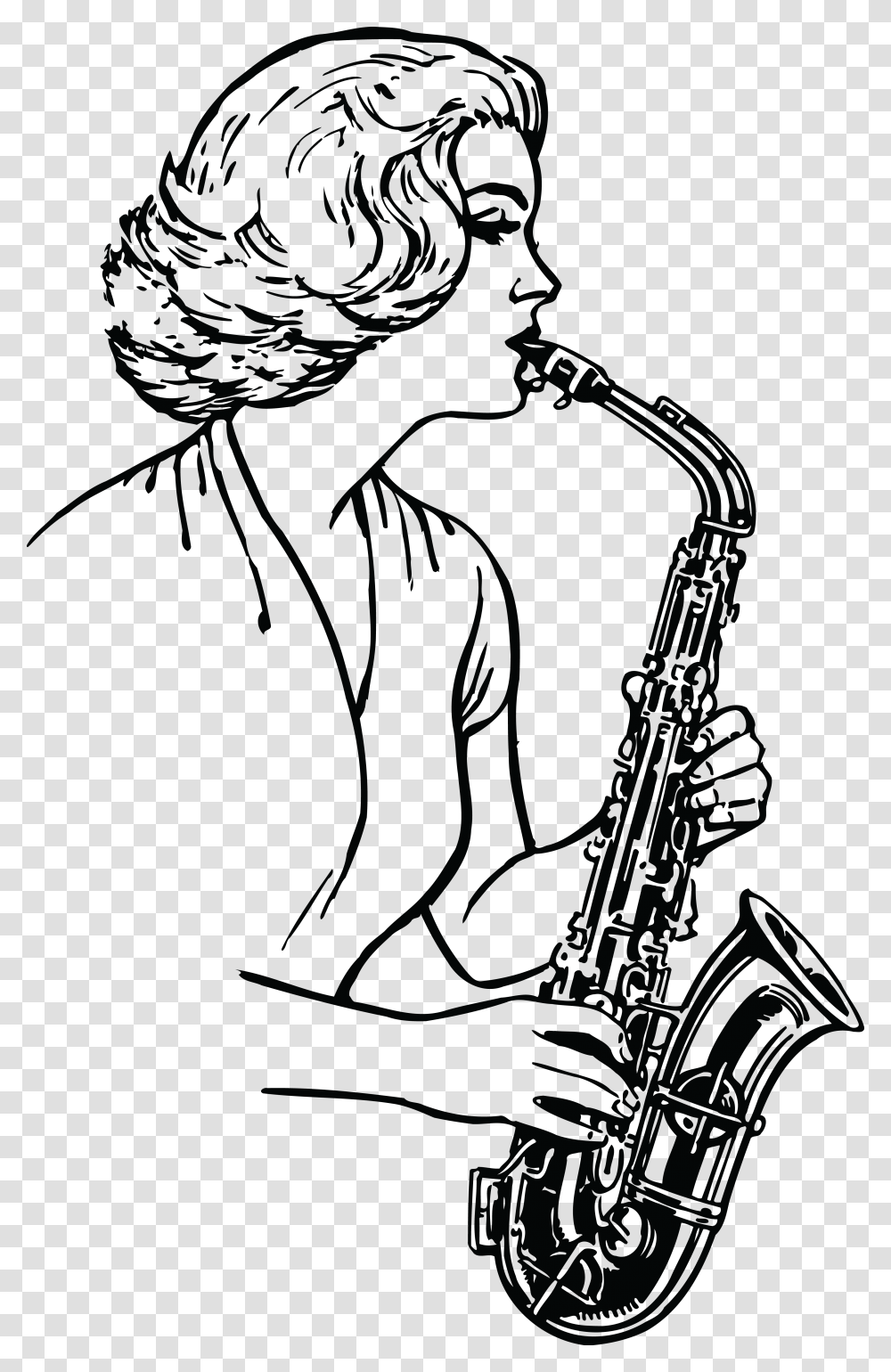 Free Clipart Of A Black And White Woman Playing A Saxophone, Person, Photography, Face, Silhouette Transparent Png