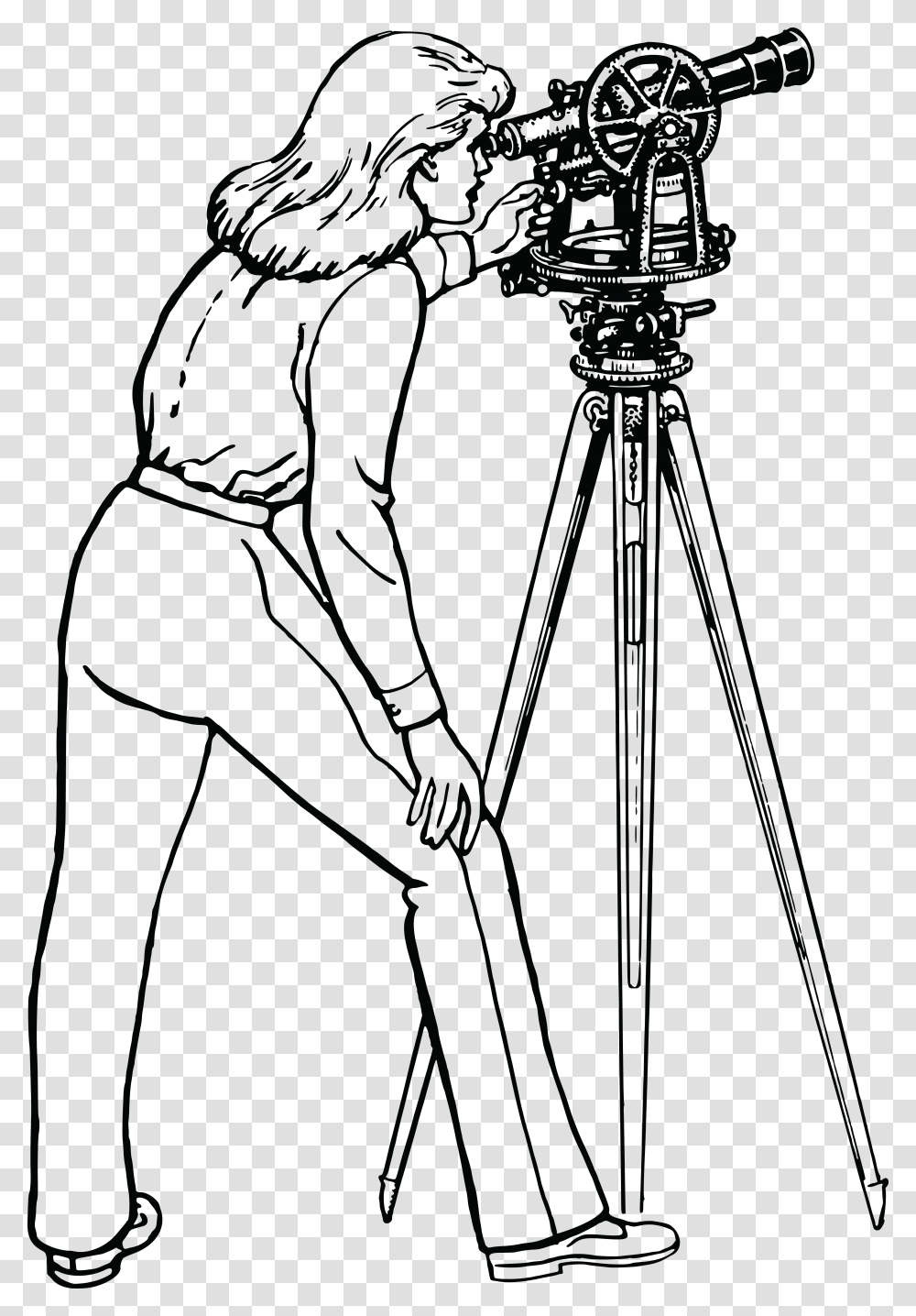 Free Clipart Of A Retro Black And White Woman Using A Transit, Tripod, Person, Human Transparent Png
