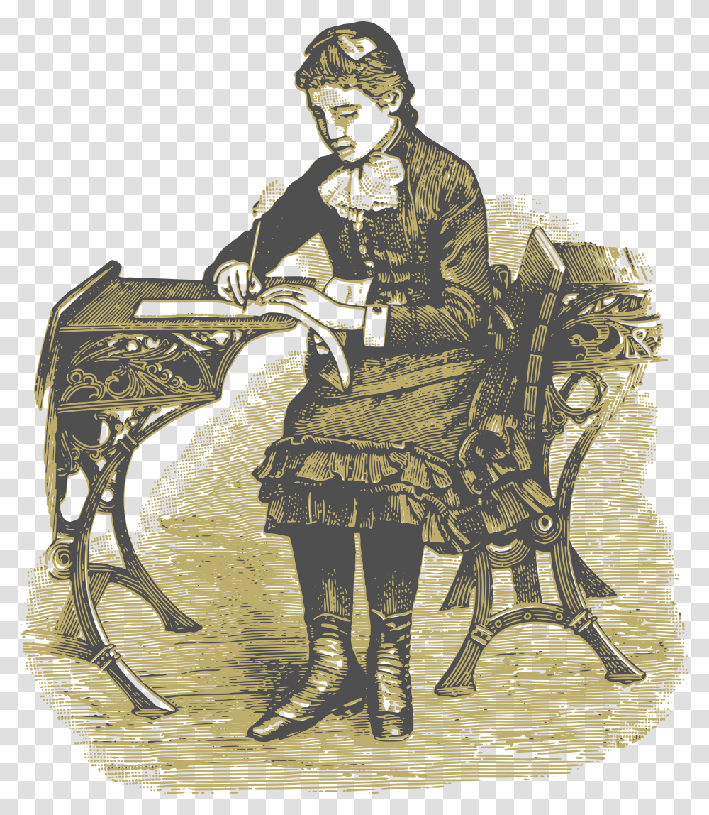 Free Clipart Of A School Girl Writing At A Desk Victorian School Clipart, Person, Poster, Advertisement Transparent Png