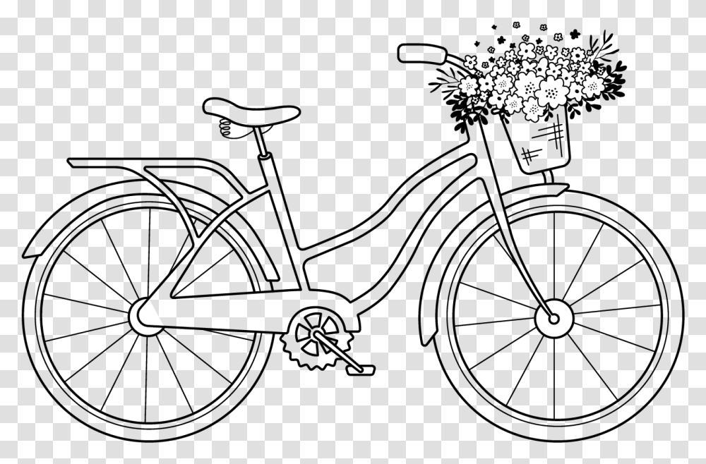 Free Digital Stamp Vintage Bike With Floral Basket Bike With Flowers Clipart Black And White, Moon, Outdoors Transparent Png