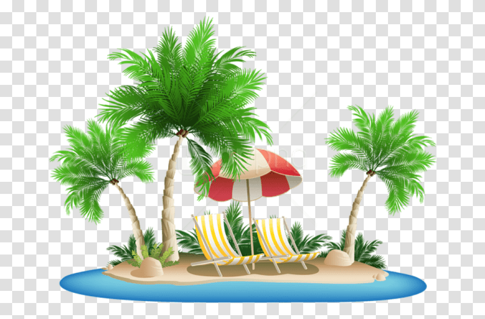 Free Download Beach Umbrella With Chairs And Palm Beach Palm Trees, Plant, Leaf, Food, Agaric Transparent Png