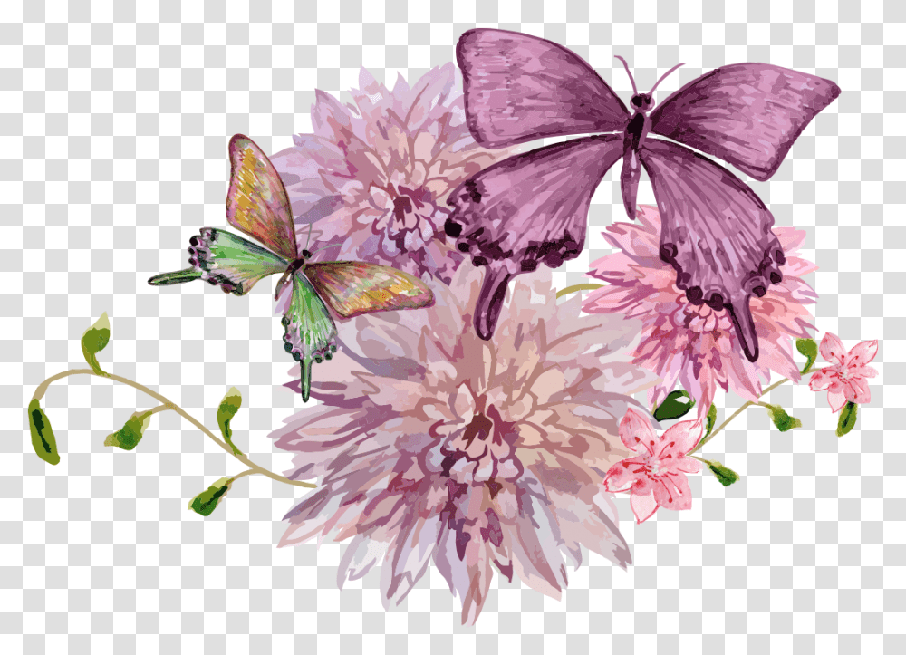 Free Download Butterfly Painting Cartoon Beautiful Flowers With Butterflies, Dahlia, Plant, Asteraceae, Floral Design Transparent Png