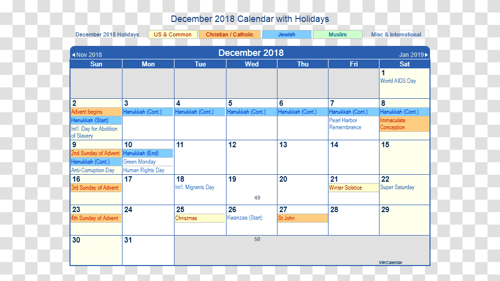 Free Download December 2018 Calendar With Holidays Calendar 2018 Us Holiday December 2018, Monitor, Screen, Electronics Transparent Png