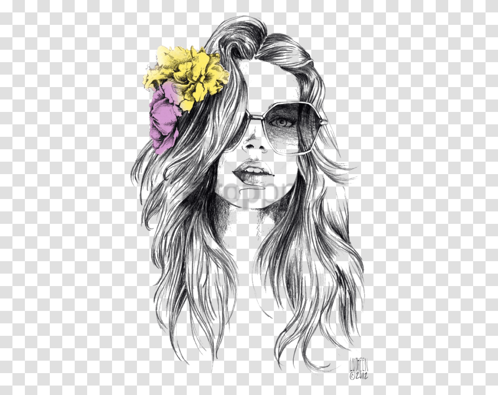 Free Flower In Hair Drawing Image With Flower In Hair Drawing, Person, Sunglasses, Sketch Transparent Png