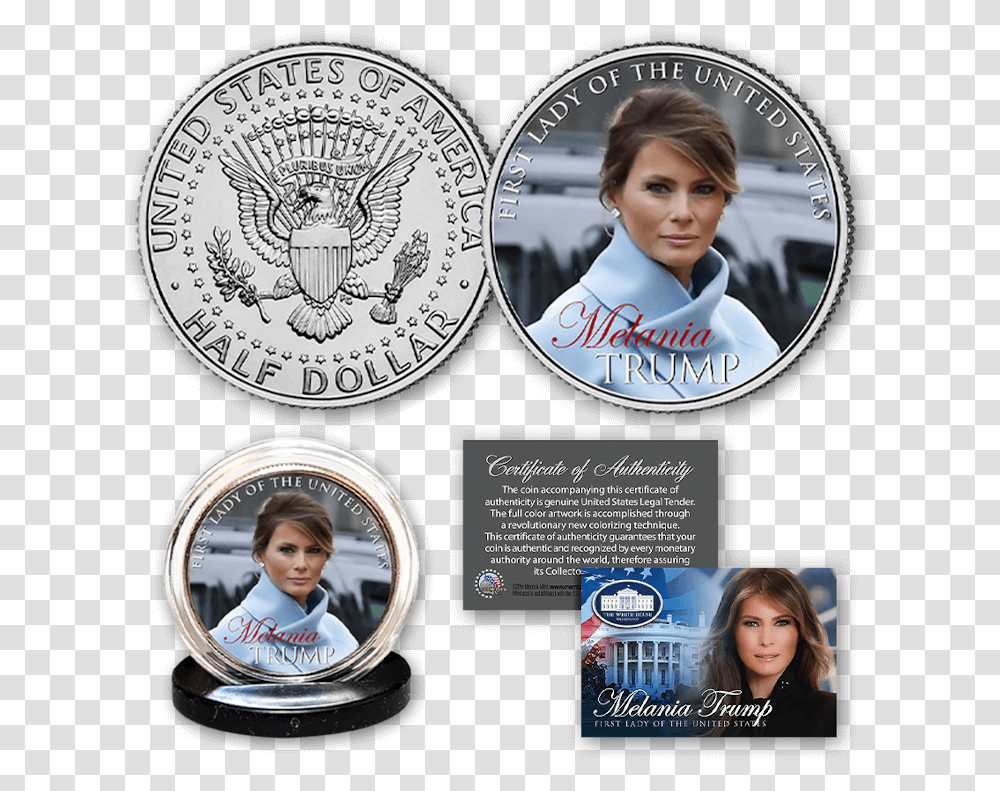 Free Melania Trump Coin Coin, Person, Human, Money, Clock Tower Transparent Png