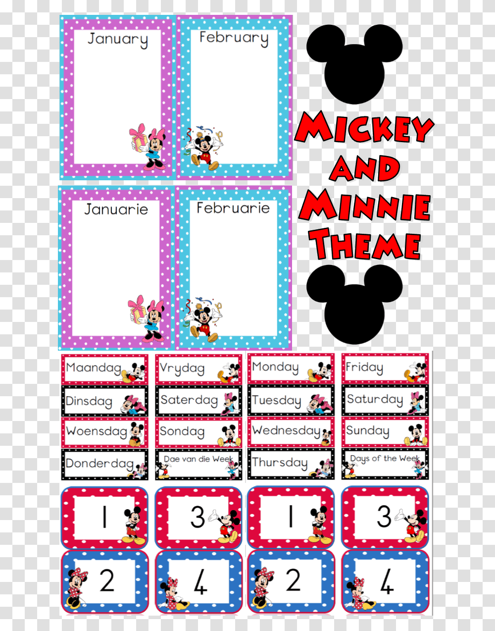 Free Mickey And Minnie Theme Mickey Mouse Months Of The Year, Word, Label, Paper Transparent Png