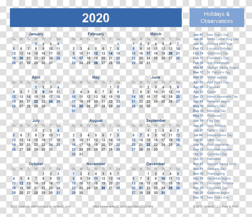 Free Printable 2020 Calendar With Holidays, Scoreboard, Word, Diagram Transparent Png