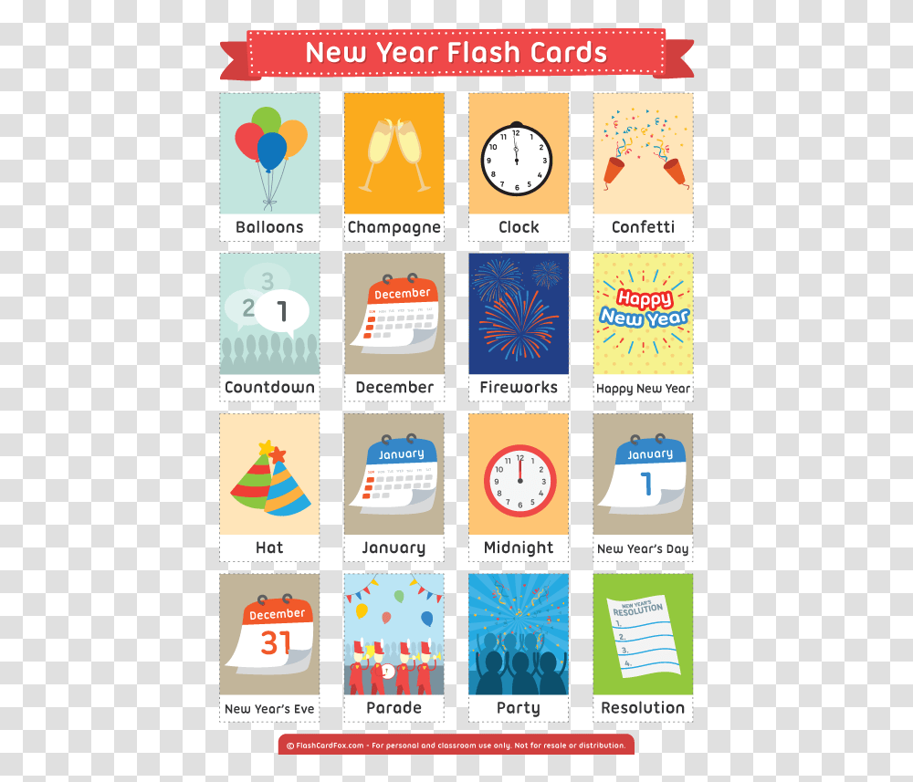 Free Printable New Year Flash Cards Flashcard For New Year, Label, Number Transparent Png