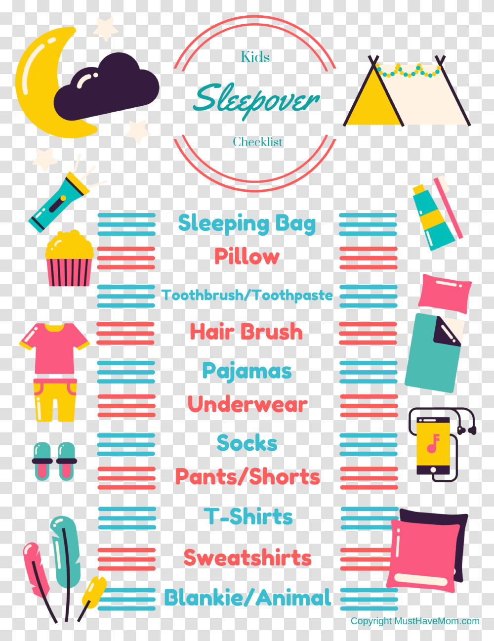 Free Printable Sleepover Checklist For Kids Kids Can Sleepover Packing List, Poster, Advertisement, Label Transparent Png