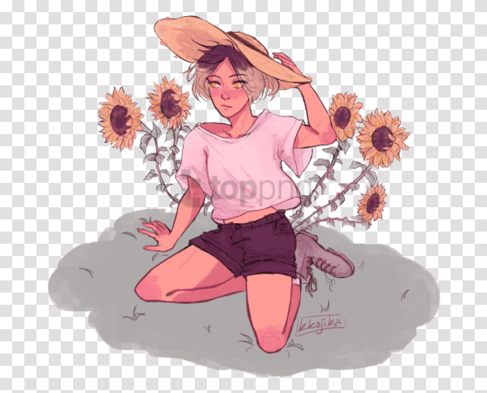 Free Sunflower Tumblr Image With Aesthetic Sunflower Girl Drawing, Person, Leisure Activities, Plant Transparent Png