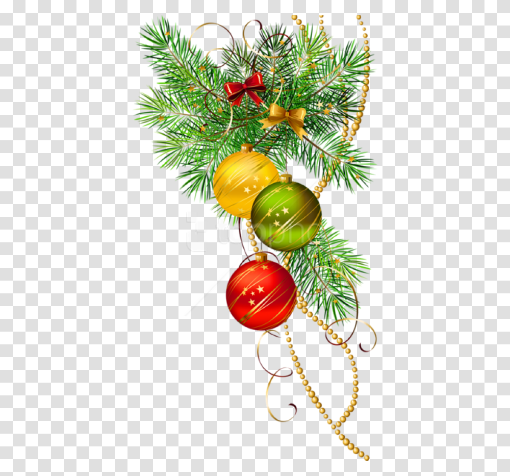 Free Three Christmas Balls With Pine Branch Christmas Decorations Vector, Tree, Plant, Conifer, Ornament Transparent Png