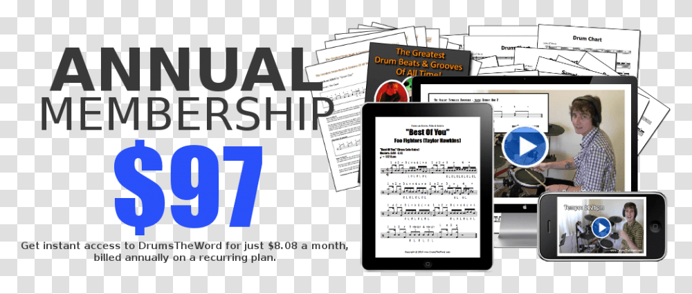 Free Video Drum Lessons Sheet Music Song Charts & Articles Smart Device, Person, Human, Computer, Electronics Transparent Png