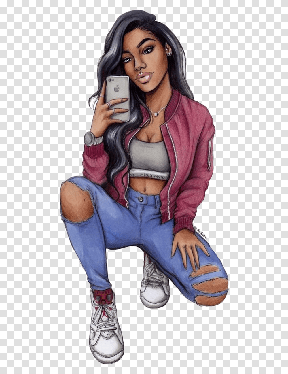 Freetoedit Girl Coolgirl Phone Selfie Sketches Of Black Girls, Person, Shoe, Footwear Transparent Png