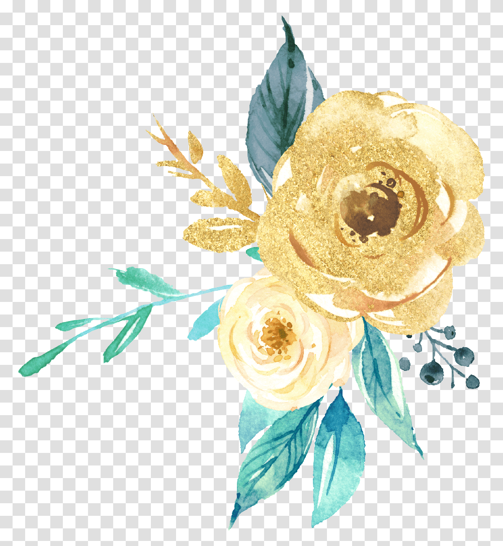 Freetoedit Gold Green Watercolor Background Gold Flower Clipart, Rose, Plant, Blossom, Floral Design Transparent Png