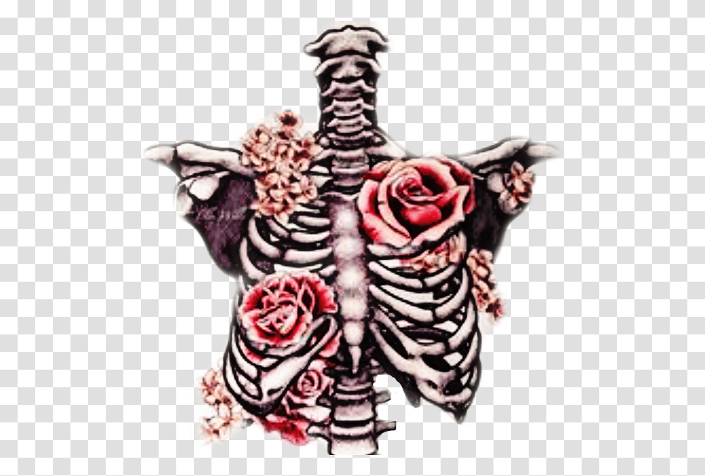 Freetoedit Ribcage Bones Roses Beautifuldeath Skeleton And Roses Drawing, Torso, Person Transparent Png