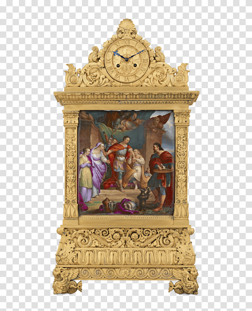 French Restauration Bronze And Porcelain Mantel Clock Carving, Person, Human, Architecture, Building Transparent Png