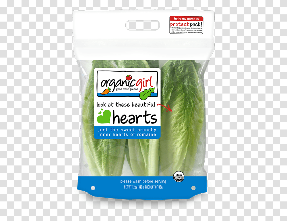 Fresh Salad Greens Organic Girl Three Heart Romaine Stand Up Pouch, Plant, Lettuce, Vegetable, Food Transparent Png