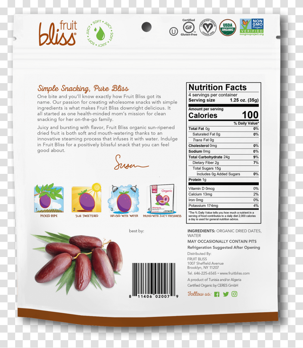 Fruit Bliss Organic Snacks Dates Back Package Dried Fruit, Advertisement, Poster, Flyer, Paper Transparent Png