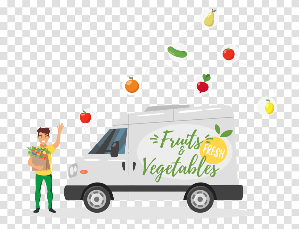 Fruits And Vegetables Business Management Delivery Icon Vegetable, Person, Van, Vehicle, Transportation Transparent Png