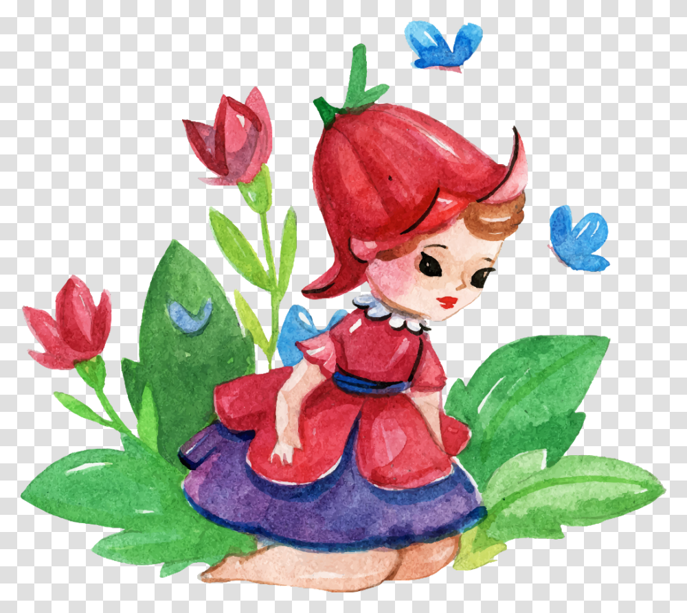 Ftestickers Fantasyart Watercolor Flower Fairy, Figurine, Plant, Blossom, Pottery Transparent Png