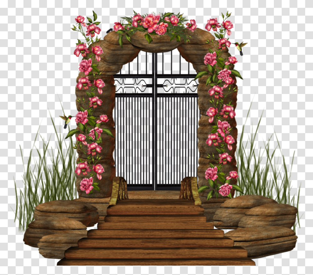 Ftestickers Garden Gate Flowers Pink Floral Gate Garden Gate, Plant, Architecture, Building, Flower Arrangement Transparent Png