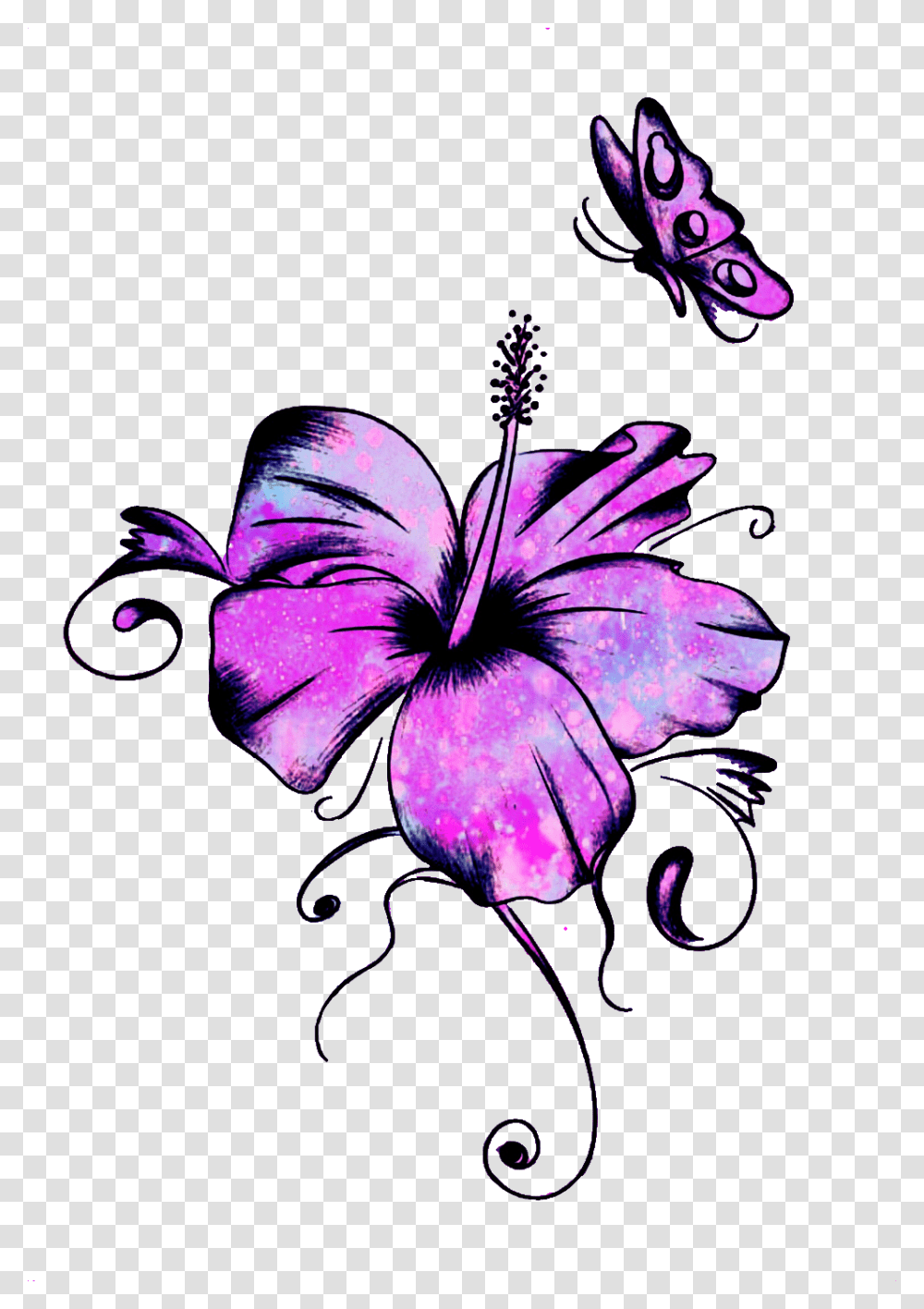 Ftestickers Mpink88 Glitter Sparkle Galaxy Flowers Hibiscus And Butterfly Tattoo, Plant, Blossom Transparent Png