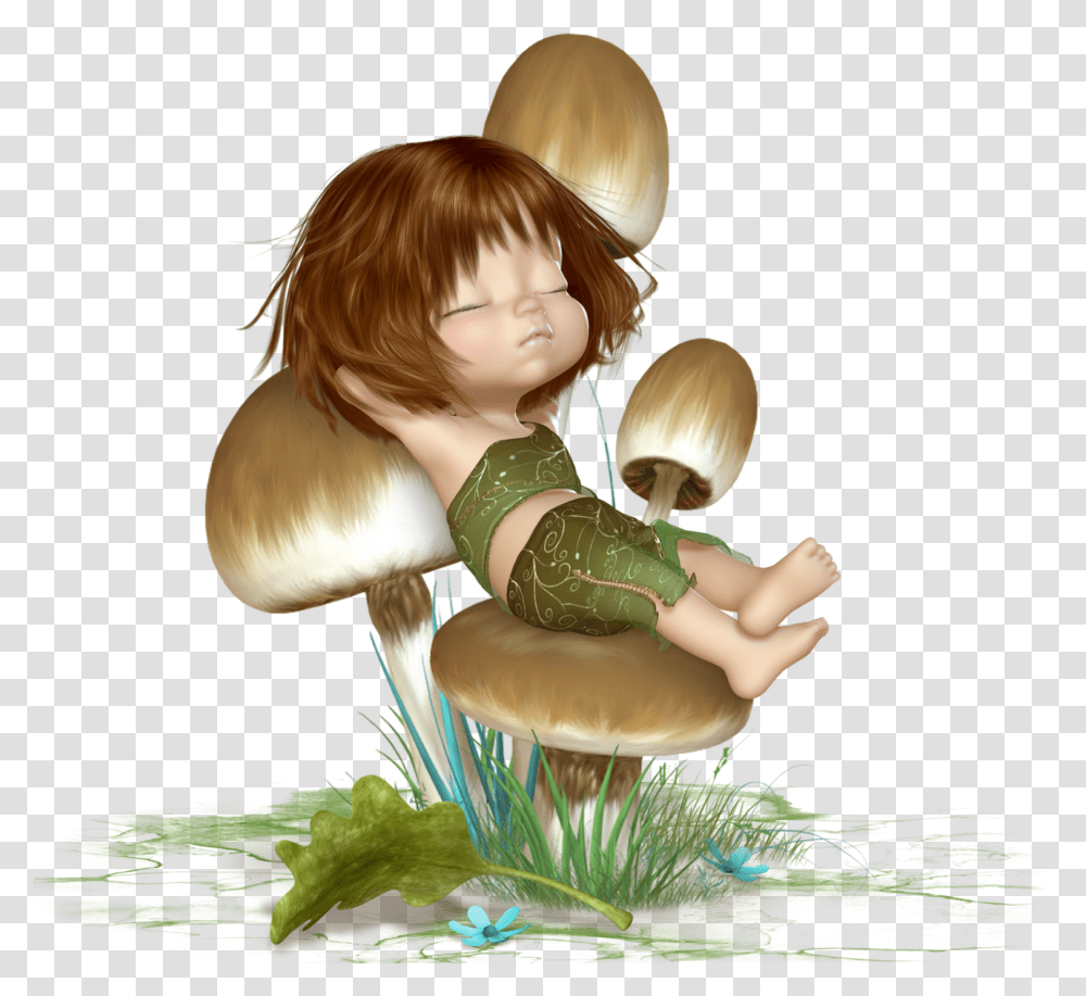 Ftestickers Mushroom Fairy Elf Asleep Cute Religin De Buenas Noches, Leaf, Plant, Person, Toy Transparent Png