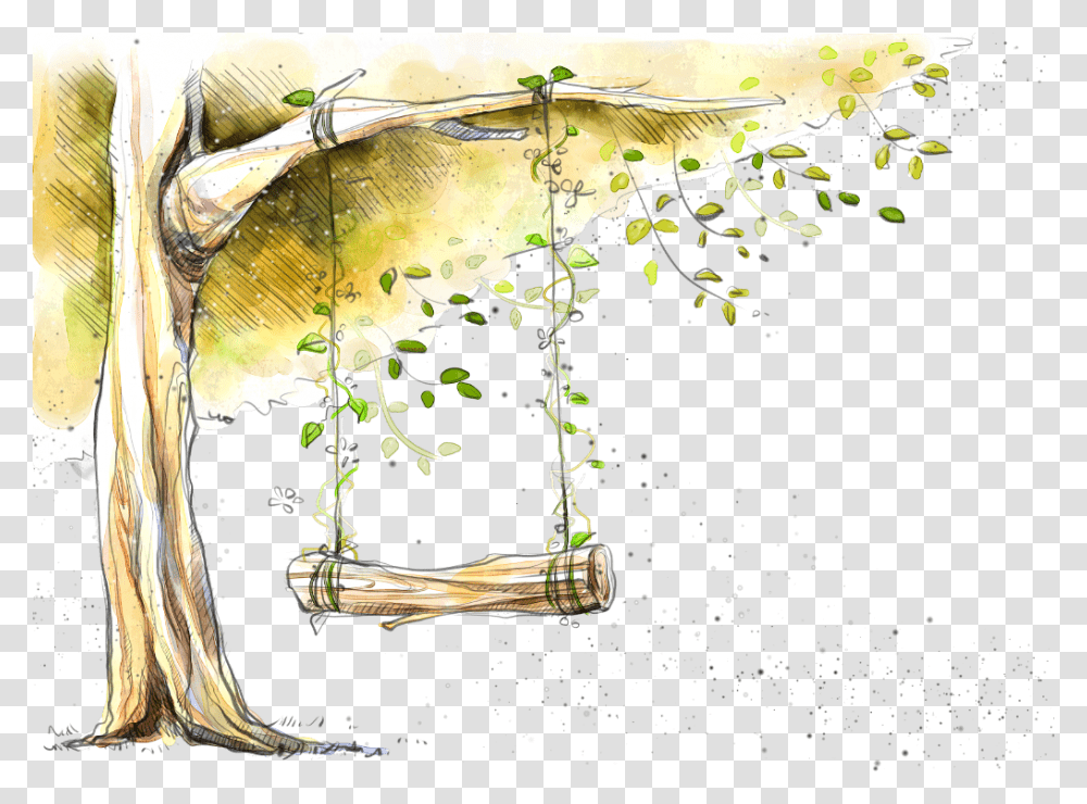 Ftestickers Watercolor Illustration Tree Swing Watercolor Tree Flower, Plant, Drawing, Doodle Transparent Png